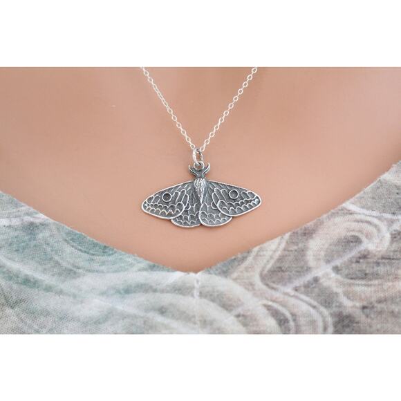 Sterling Silver Dimensional Moth Charm Necklace - Picture 3 of 4